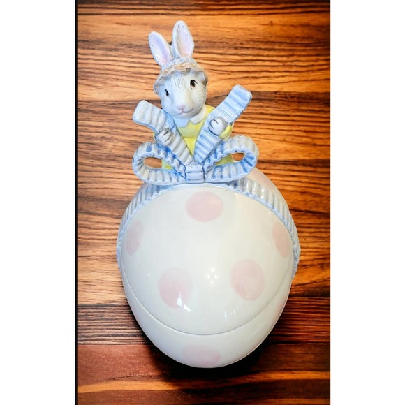 Vtg FITZ & FLOYD EASTER BUNNY RABBIT W/ PINK POLKA DOTS BOWL W/ LID - Picture 2 of 11